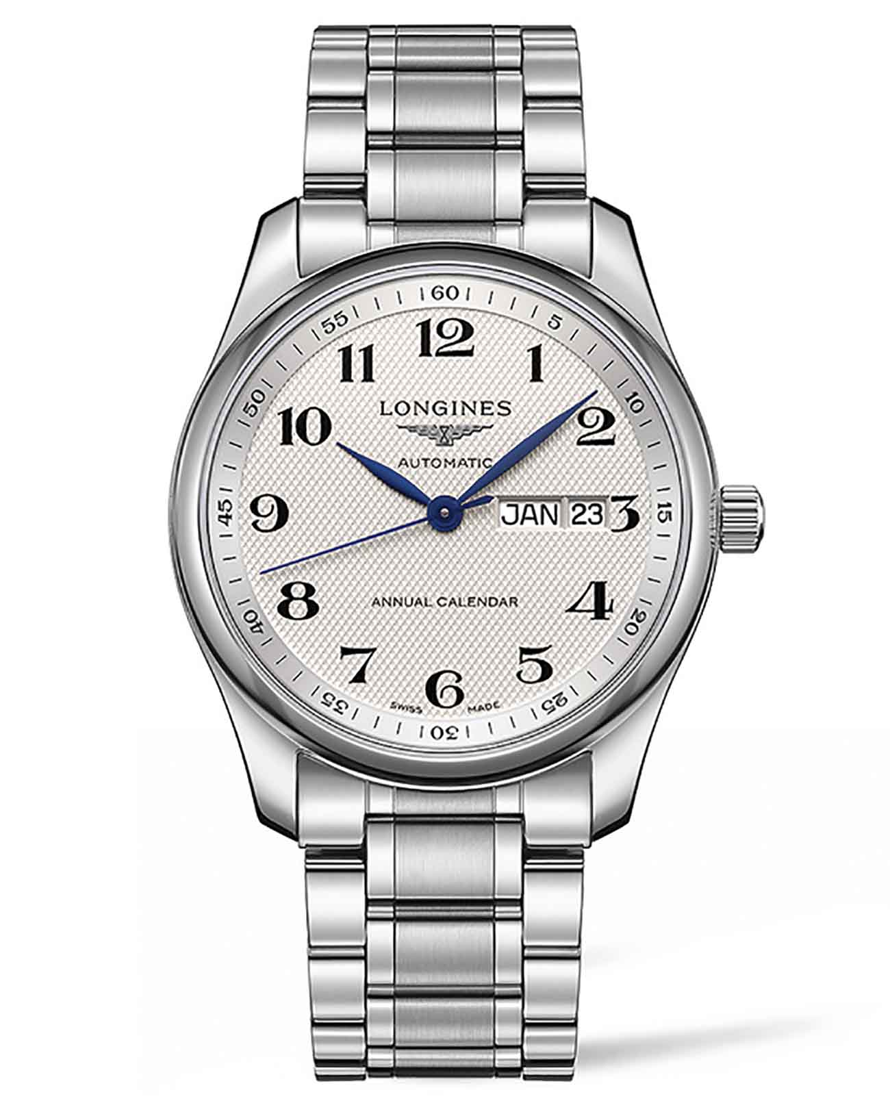 Longines Longines Master Collection L2.910.4.78.6  L29104786 механические мужские часы серебристый циферблат, браслет нержавеющая сталь — вид спереди